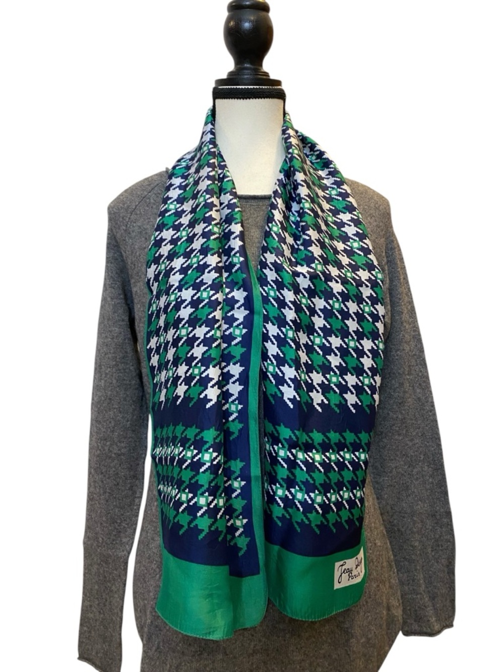 Vintage Jean Dauy Paris Navy, Green & White Houndstooth Scarf 11” x 52”